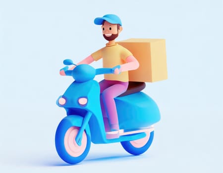 3D Character Delivery man riding a motorcycle with delivery box.