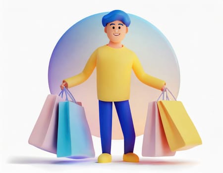 3D Character with fun shopping online shop on smart phone.