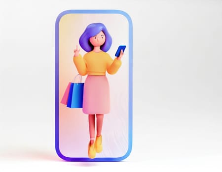 3D Character with fun shopping online shop on smart phone.