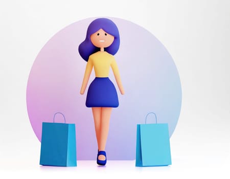 3D Character with fun shopping online shop on smart phone.