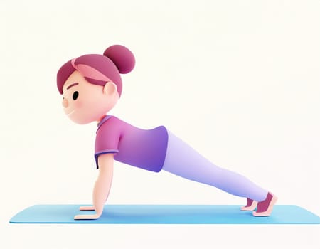 3D Character practicing yoga doing push and press ups plank pose.