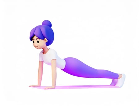 3D Character practicing yoga doing push and press ups plank pose.