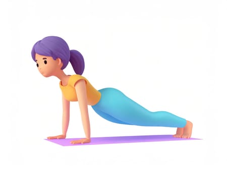 3D Character practicing yoga doing push and press ups plank pose.