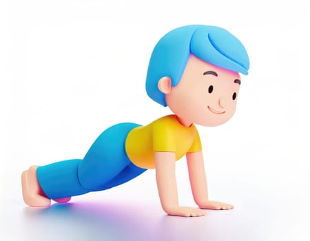 3D Character practicing yoga doing push and press ups plank pose.