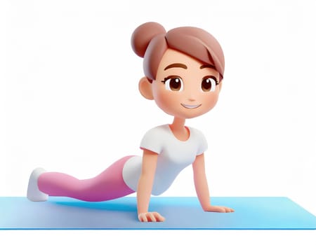 3D Character practicing yoga doing push and press ups plank pose.