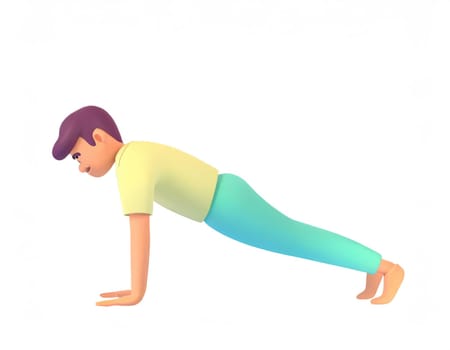 3D Character practicing yoga doing push and press ups plank pose.