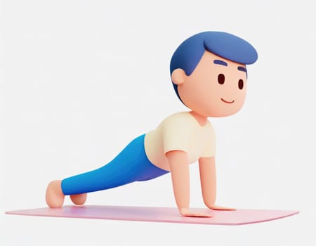 3D Character practicing yoga doing push and press ups plank pose.