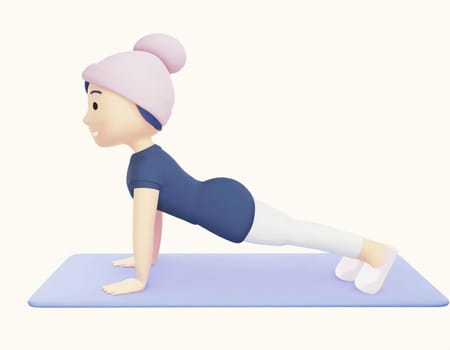 3D Character practicing yoga doing push and press ups plank pose.