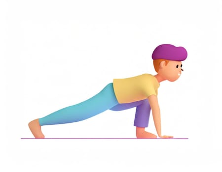 3D Character practicing yoga doing push and press ups plank pose.