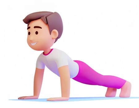 3D Character practicing yoga doing push and press ups plank pose.