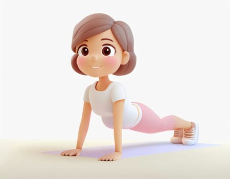 3D Character practicing yoga doing push and press ups plank pose.