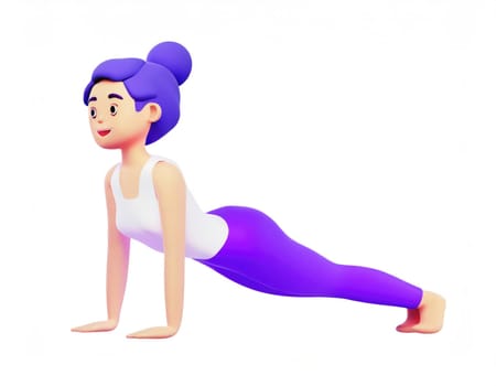 3D Character practicing yoga doing push and press ups plank pose.