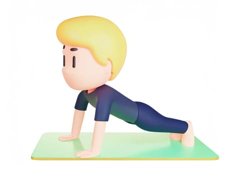 3D Character practicing yoga doing push and press ups plank pose.