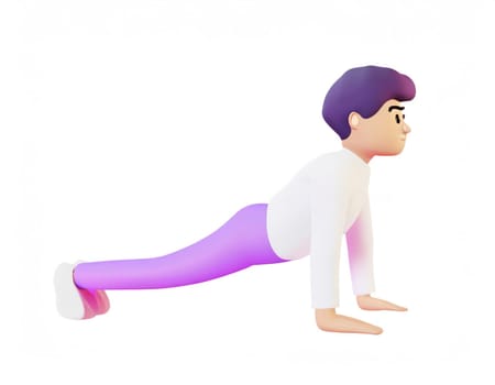 3D Character practicing yoga doing push and press ups plank pose.