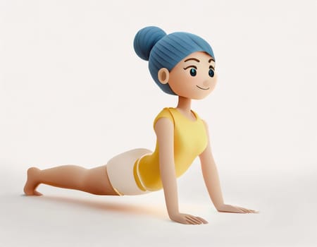 3D Character practicing yoga doing push and press ups plank pose.