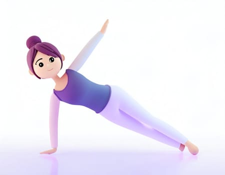 3D Character practicing yoga doing push and press ups plank pose.