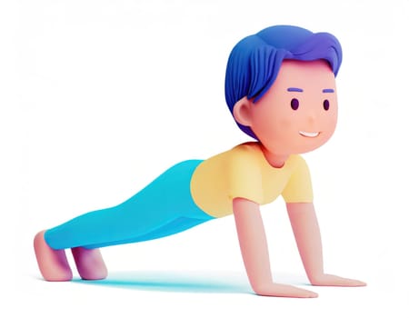 3D Character practicing yoga doing push and press ups plank pose.