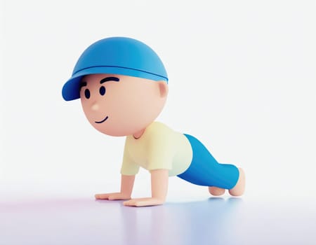 3D Character practicing yoga doing push and press ups plank pose.