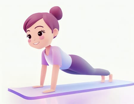 3D Character practicing yoga doing push and press ups plank pose.