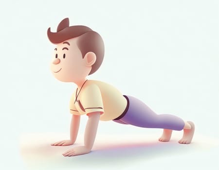 3D Character practicing yoga doing push and press ups plank pose.