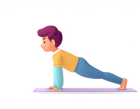 3D Character practicing yoga doing push and press ups plank pose.