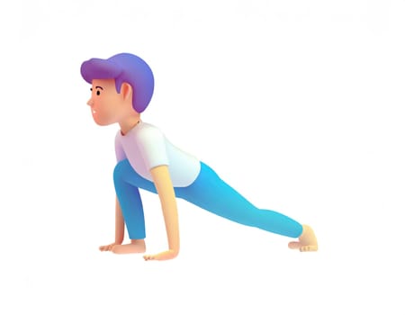 3D Character practicing yoga doing push and press ups plank pose.