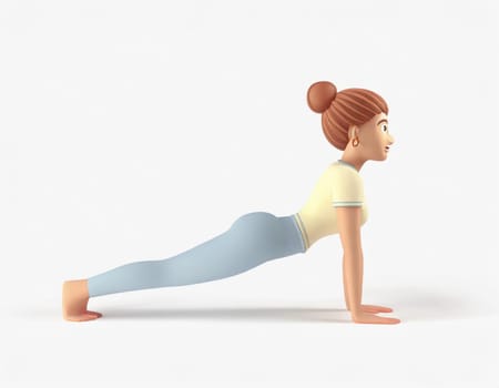 3D Character practicing yoga doing push and press ups plank pose.