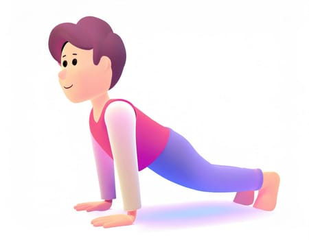 3D Character practicing yoga doing push and press ups plank pose.