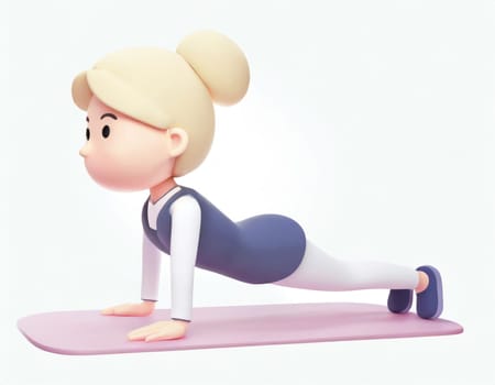 3D Character practicing yoga doing push and press ups plank pose.