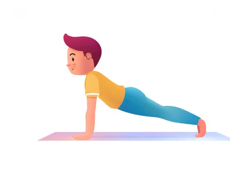 3D Character practicing yoga doing push and press ups plank pose.