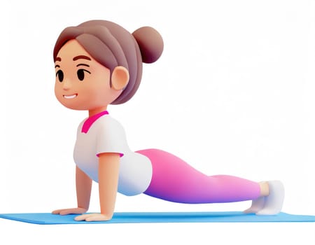 3D Character practicing yoga doing push and press ups plank pose.