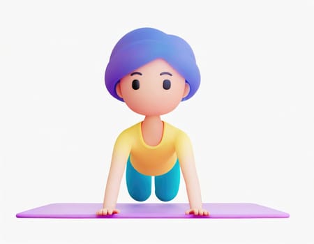 3D Character practicing yoga doing push and press ups plank pose.