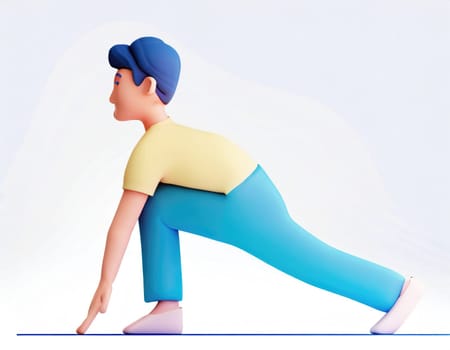 3D Character practicing yoga doing push and press ups plank pose.