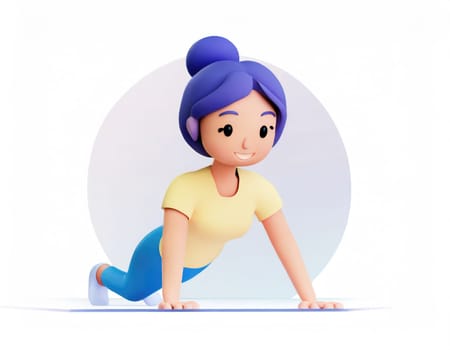 3D Character practicing yoga doing push and press ups plank pose.