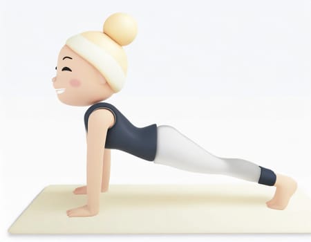 3D Character practicing yoga doing push and press ups plank pose.