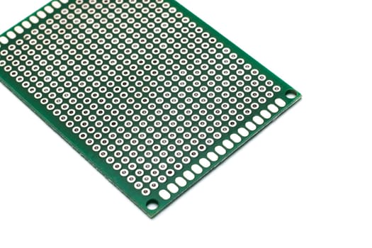 Green circuit board close up, isolated on a white background