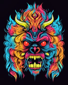 Bright psychedelic monster poster. Horror poster mystical head psychedelic monster. AI Generated.