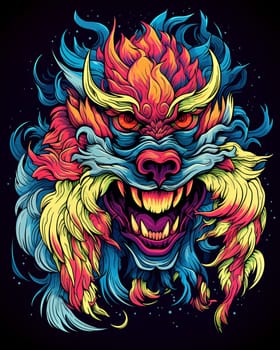 Bright psychedelic monster poster. Horror poster mystical head psychedelic monster. AI Generated.