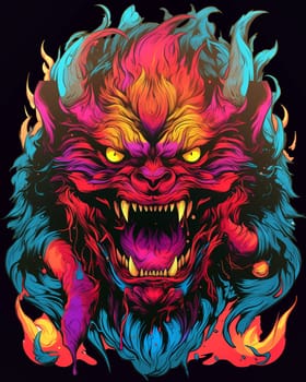 Bright psychedelic monster poster. Horror poster mystical head psychedelic monster. AI Generated.