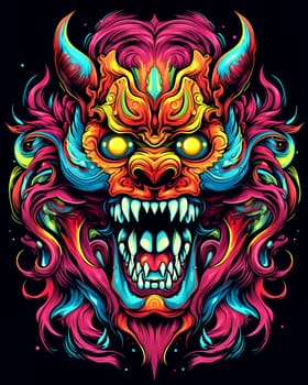 Bright psychedelic monster poster. Horror poster mystical head psychedelic monster. AI Generated.