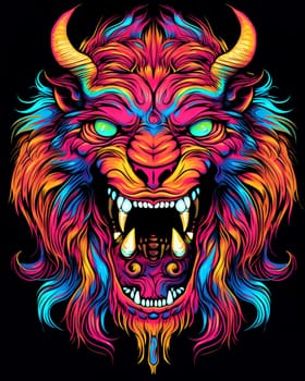 Bright psychedelic monster poster. Horror poster mystical head psychedelic monster. AI Generated.