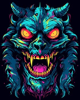 Bright psychedelic monster poster. Horror poster mystical head psychedelic monster. AI Generated.