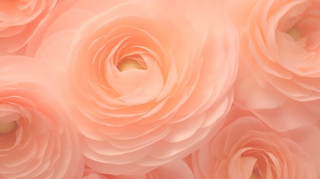 Close-up of Ranunculus flowers in the 2024 color Peach Fuzz. High quality photo