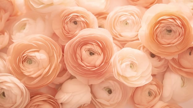 Close-up of Ranunculus flowers in the 2024 color Peach Fuzz. High quality photo