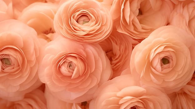 Close-up of Ranunculus flowers in the 2024 color Peach Fuzz. High quality photo