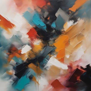 Oil Painting on Canvas, Multicolored Bright Texture in White, Blue, Orange, Red and Black. Brushstrokes of Paint, Abstract Artistic Background, generative AI