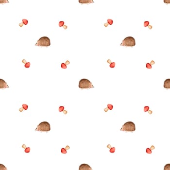 Watercolor seamless pattern of cute hedgehog with mushrooms. Cute animal print for baby textiles and diapers. High quality photo.