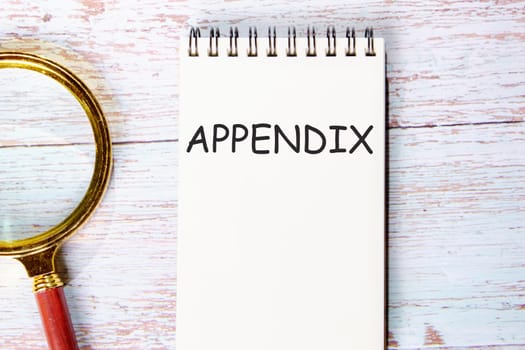 Appendix a word written on a notebook on wooden boards next to a magnifying glass