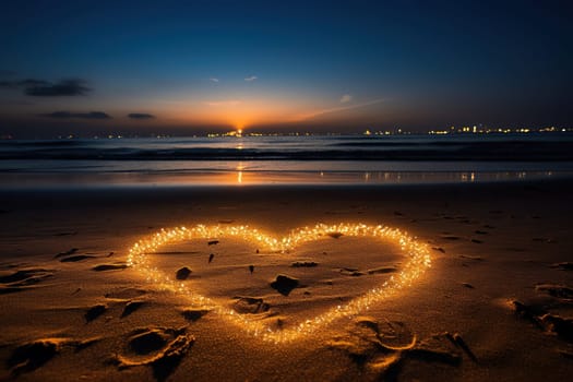 Heart shape made of lights on the beach at sunset. Romantic composition.