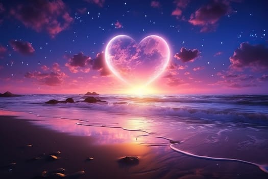 Pink heart in cloudy sky over the sea. Romantic landscape.